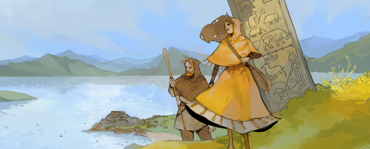 GIF. Two medieval figures stand in the foreground, next to a Pictish standing stone, while the wind rustles their clothing. In the distance is a small town, a loch, and a mountain range.