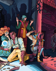 Image. A group of fantasy adventurers investigate a bag in an alleyway, while thugs approach from nearby shadows.