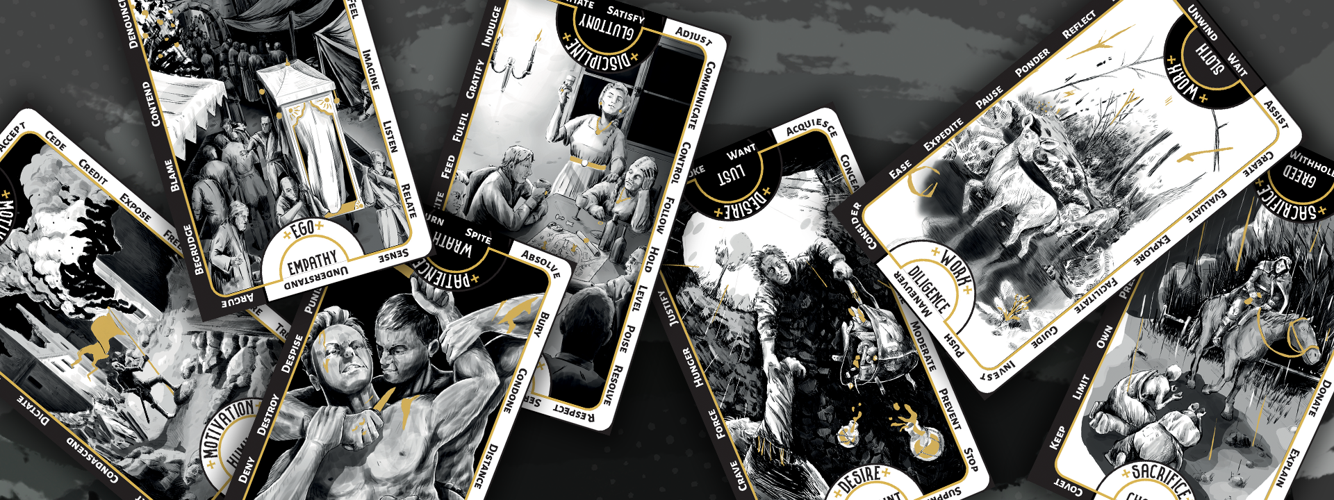 Image shows illustrated cards in black and white dropped over an streaky dark background. The cards focus on dichotomies of vice and virtue, such as Gluttony and Dignity, and Lust and Restraint. These cards are from Vice & Virtue.