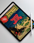 Image shows: an iPad Pro tablet with an Apple Pencil stylus balancing on the corner. The screen shows the front cover for Blood in the Water. An elven women with sunken, glowing red eyes emerges from a river, surrounded by lilypads. Ripples emanating from her disturb the dark reflection of trees from the opposite bank.