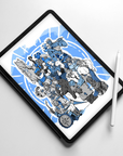 Image shows an iPad Pro tablet with an Apple Pencil balanced on it. There is a group illustration of Scottish themed characters grouped together.