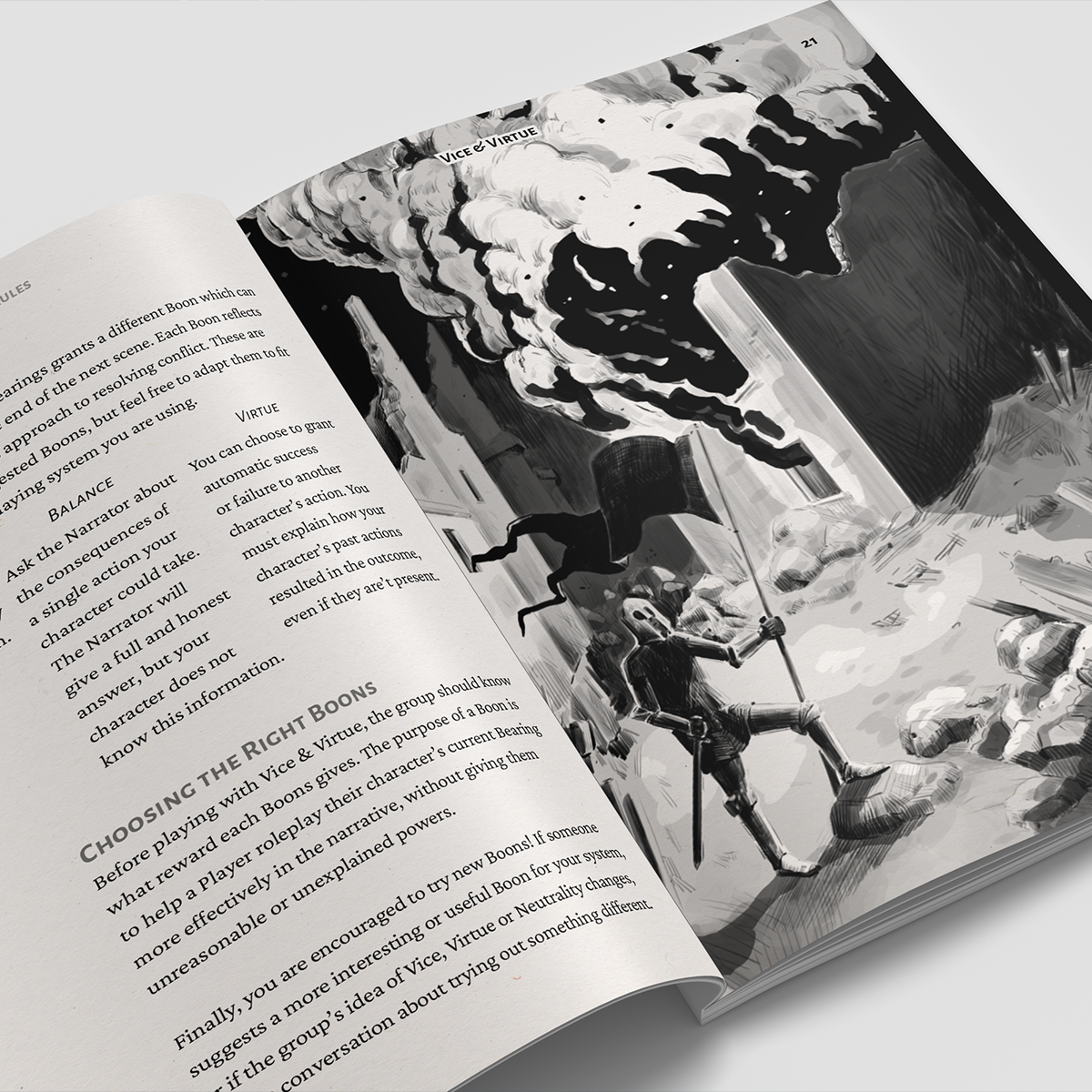 Image shows an open spread from Vice & Virtue. On the left hand page reads the header "Choosing the Right Boons', and the right hand page shows a knight bearing a black banner, looking away from burning building.