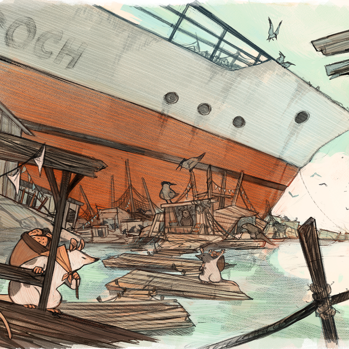 Image. A city of wooden pontoons is built around the wreck of a massive human ship. Small animals go about their days atop, inside and around the ship.