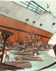 Image. A city of wooden pontoons is built around the wreck of a massive human ship. Small animals go about their days atop, inside and around the ship.