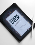 Image shows: an iPad Pro tablet with an Apple Pencil stylus balancing on the corner. The screen shows the front cover of Stare Back. An intricate mirror gilded frame is lit by the glowing mirror it holds.