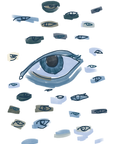 Image shows a horde of sketchy eyes staring at the viewer.