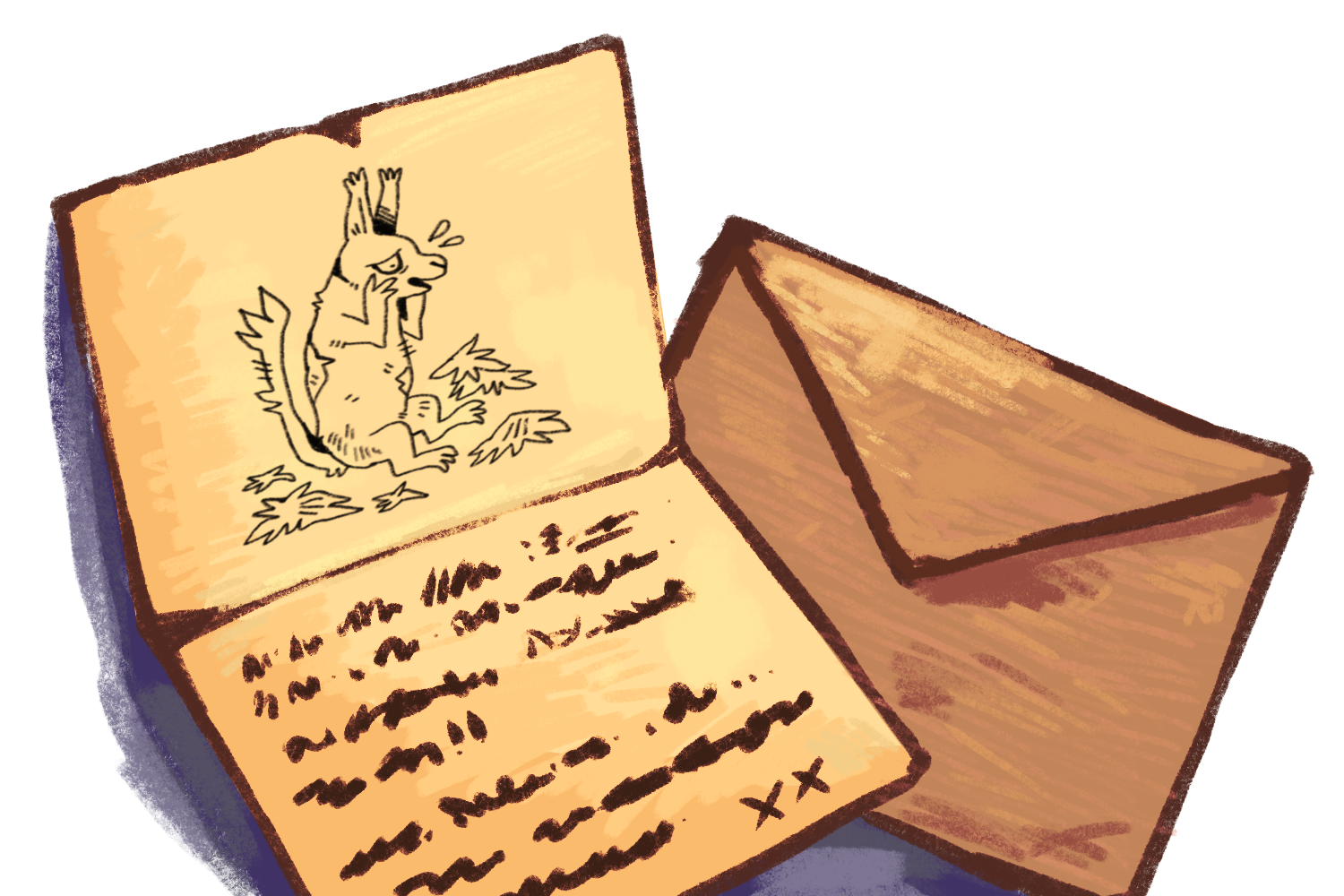 Image. A drawing of an open letter laid on a closed envelope. The letter has an illustration of a sad looking beast with shedding fur.