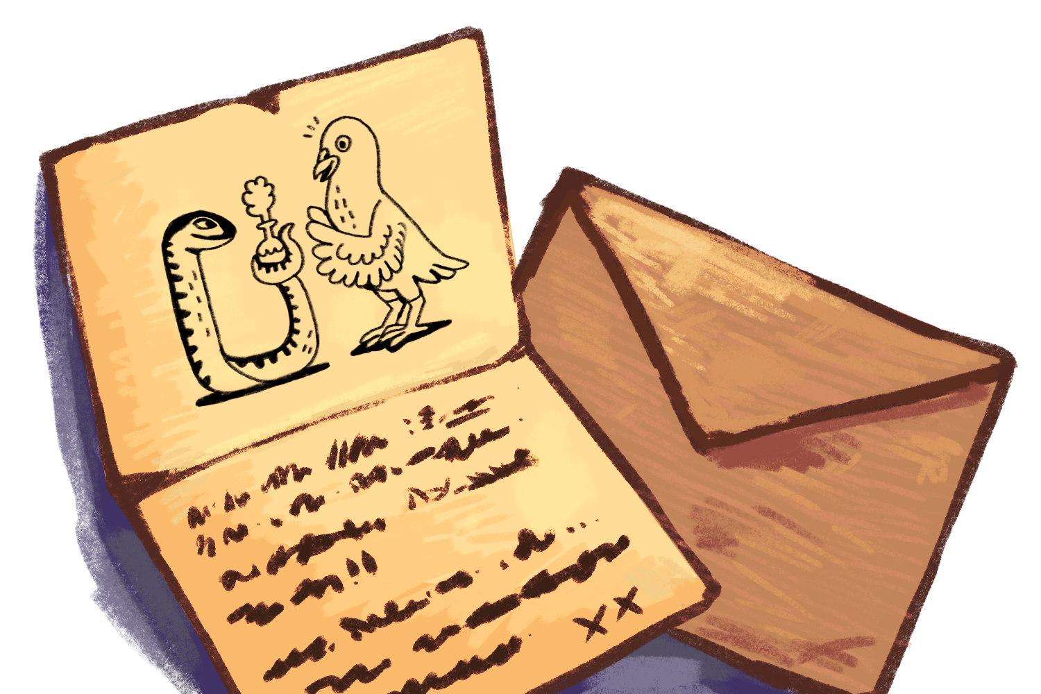 Image. A drawing of an open letter laid on a closed envelope. The letter has an illustration of a Pidgeon helping a snake brew a potion.