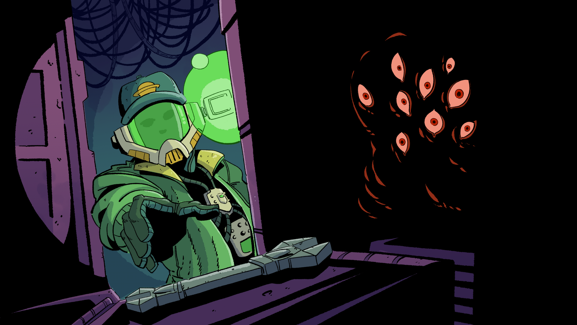 Image. An astronaut wearing a street style inspired space suit reaches into a tight space between two metal panels. They are trying to grab a spanner. From the darkness, many formless red eyes stare at the viewer.