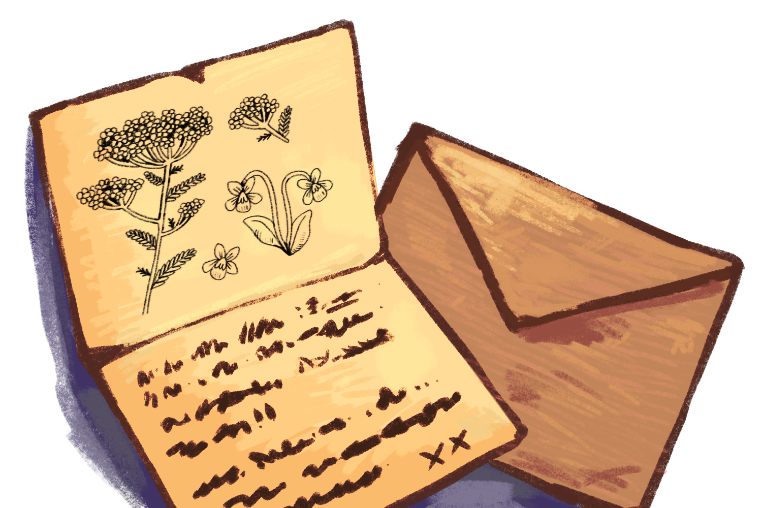 Image. A drawing of an open letter laid on a closed envelope. The letter has an illustration of some flowers.