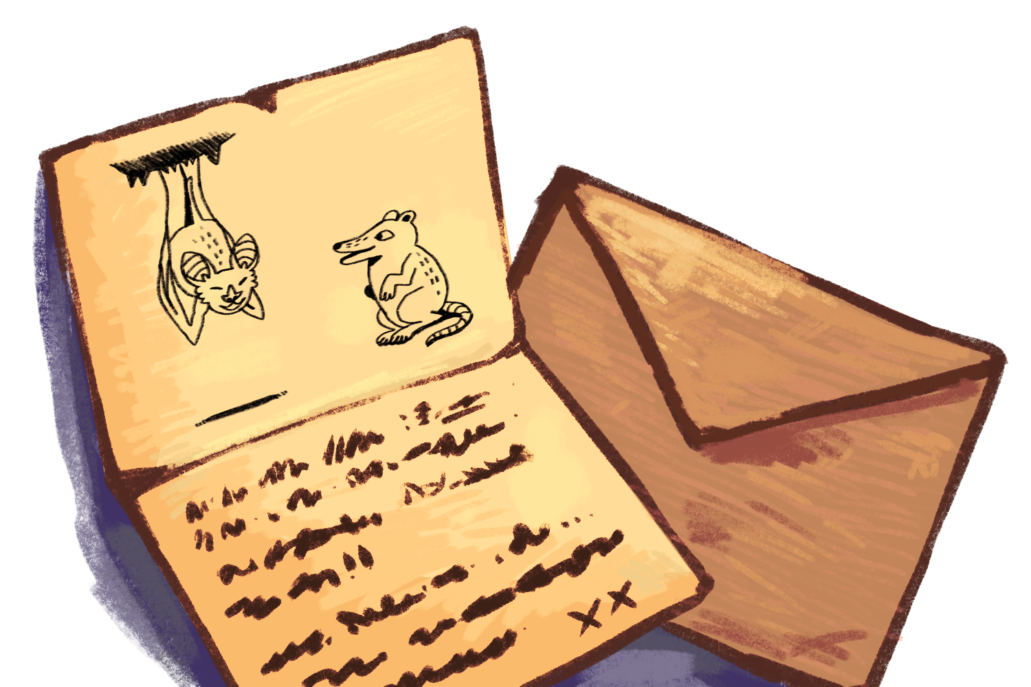 Image. A drawing of an open letter laid on a closed envelope. The letter has an illustration of a a bat hanging upside down, laughing with a shrew.