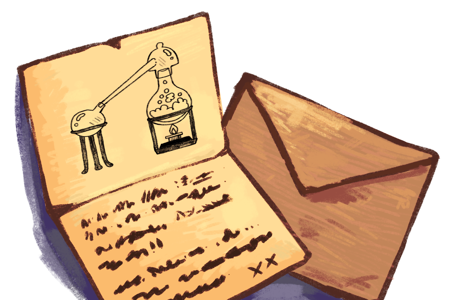 Image. A drawing of an open letter laid on a closed envelope. The letter has an illustration of a an alembic over a small fire.
