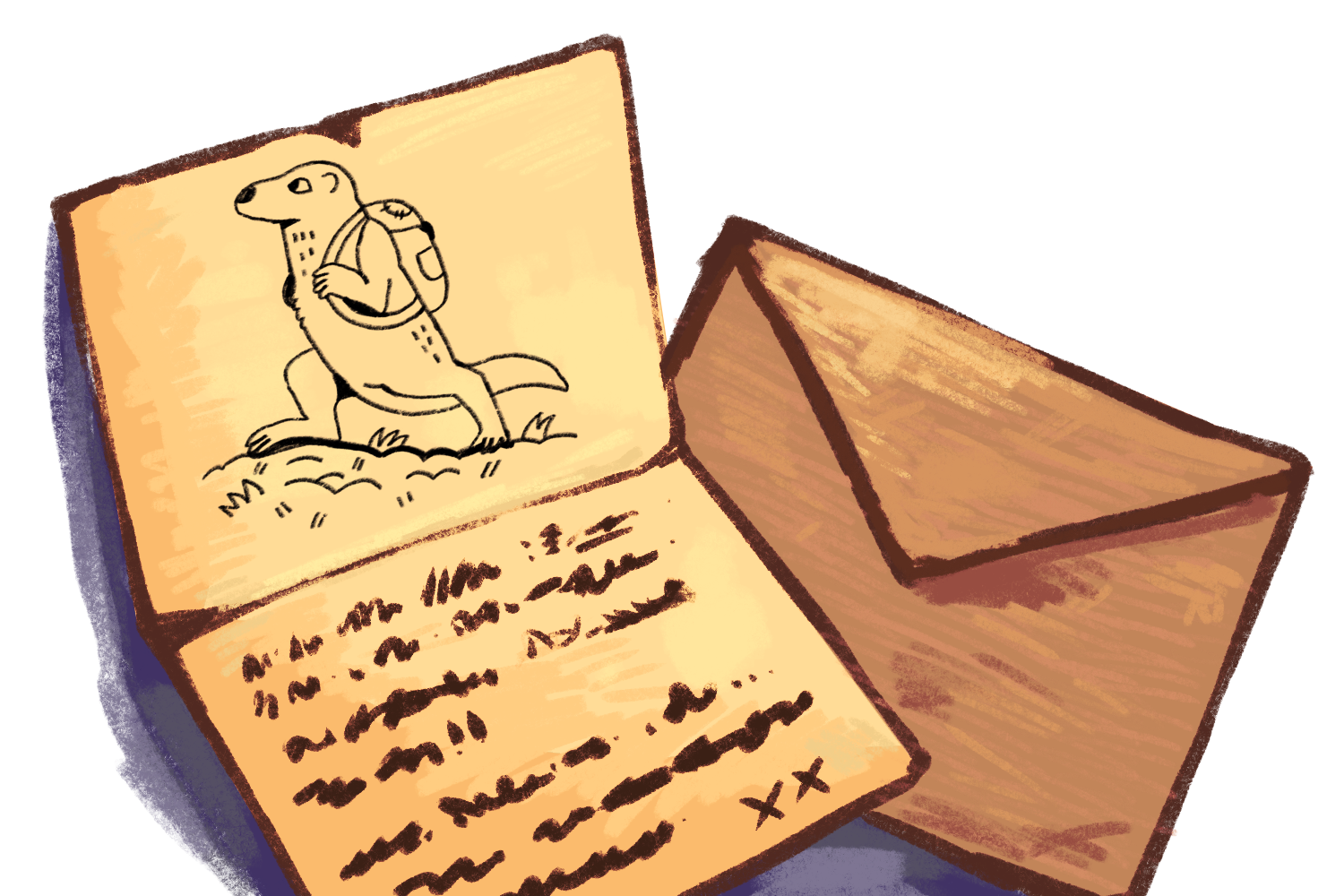 Image. A drawing of an open letter laid on a closed envelope. The letter has an illustration of a hiking beast.