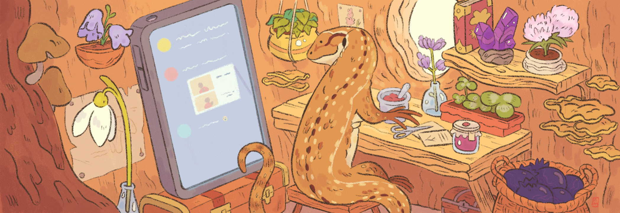 Illustration. A lizard working at a lizard-sized workbench, looking across at a phone the same size as it with a discord-style app open.
