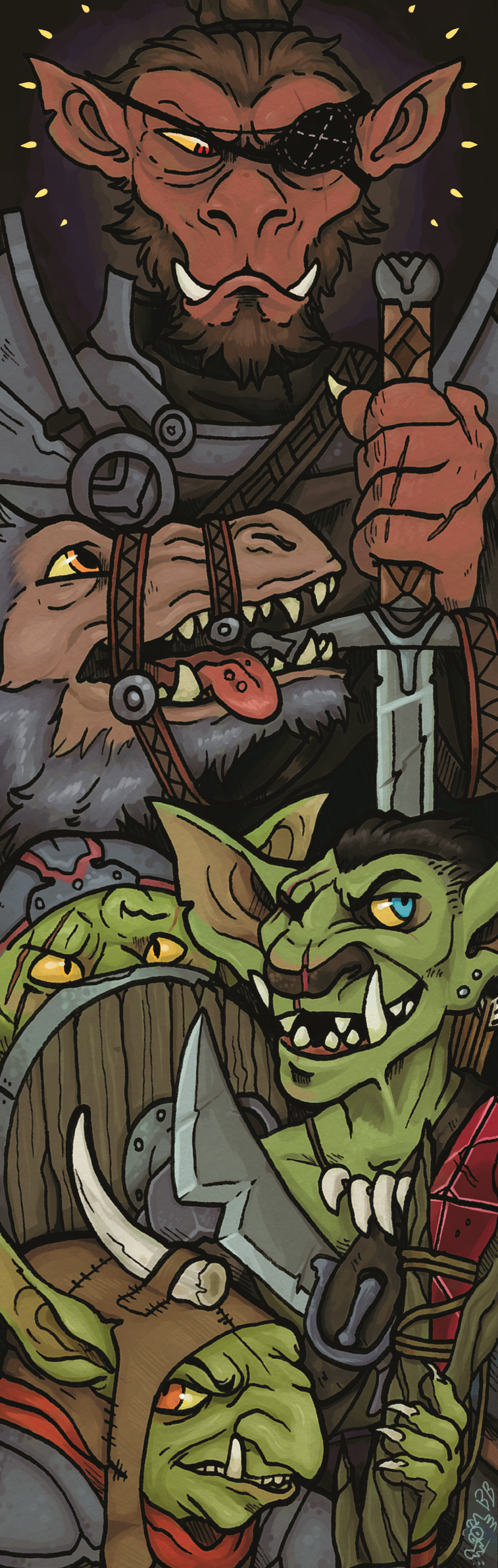Image. A collection of scrunkly goblins, with weapons and armour. They also have an adoring, slobbery worg.