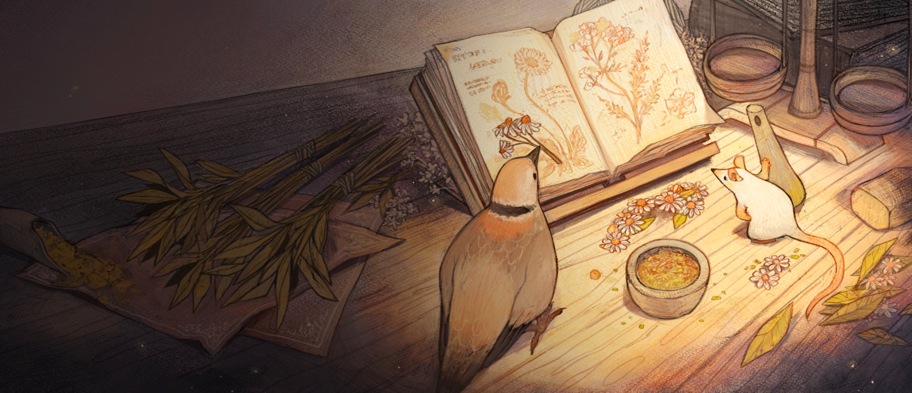 Image. Apawthecaria front cover. Animals on a table, brewing a potion.