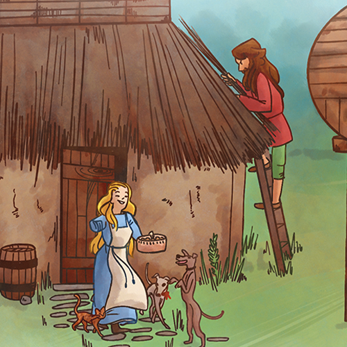 Image. A medieval woman, feeding some dogs in front of her thatched cottage.
