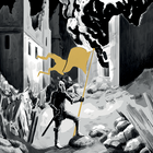 Image. A knight with a flag, standing amongst burning ruins.