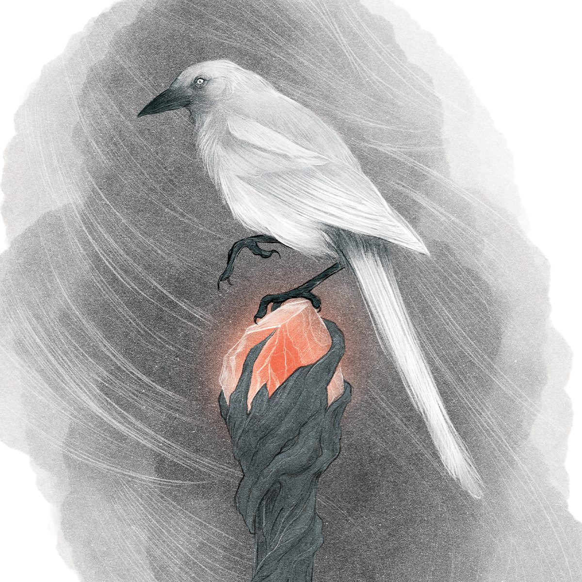Image shows a white magpie sitting on top of the glowing ruby of a wizard's staff. Mist curls mysteriously around it.