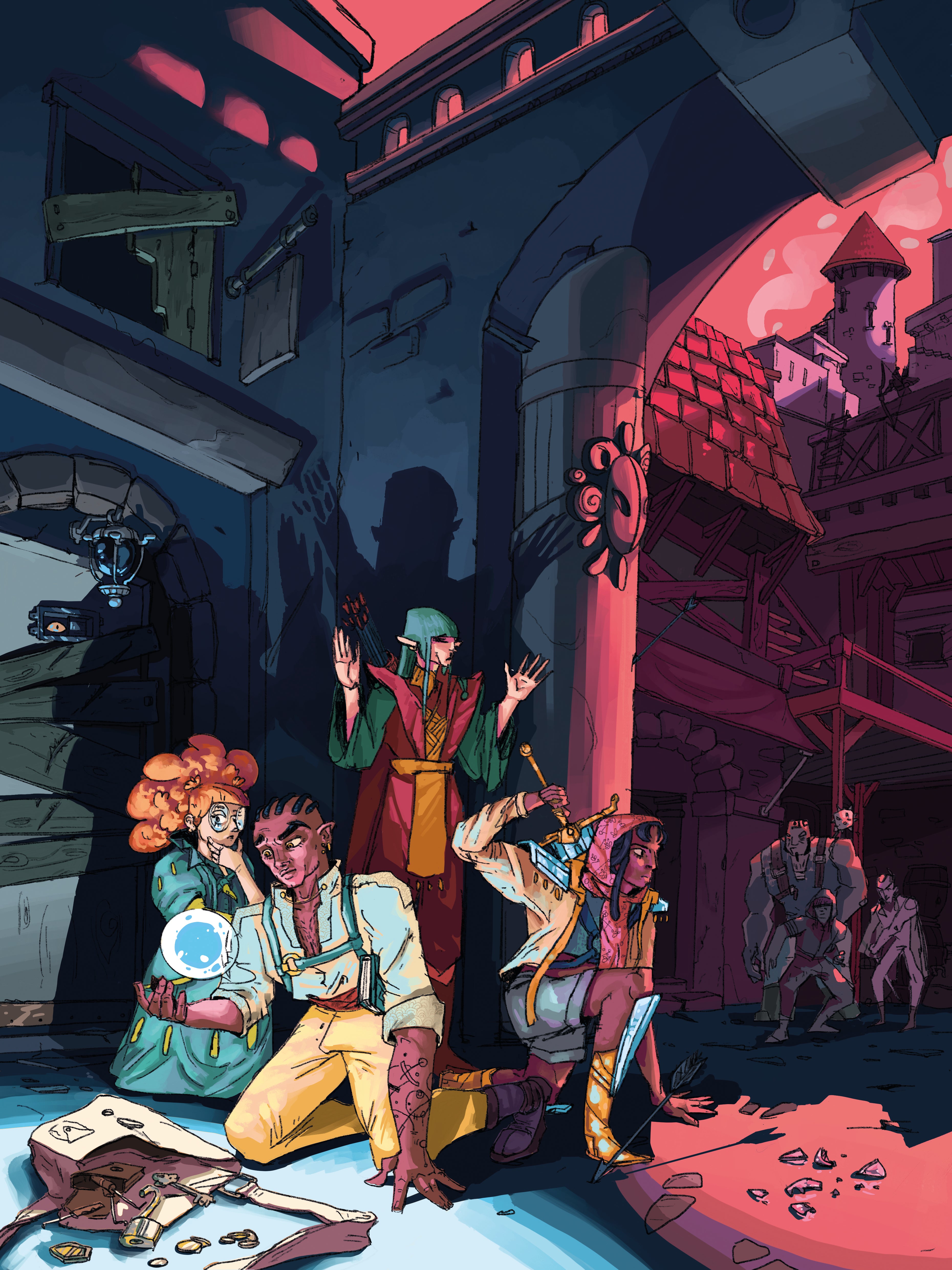 Image. A group of fantasy adventurers investigate a bag in an alleyway, while thugs approach from nearby shadows.