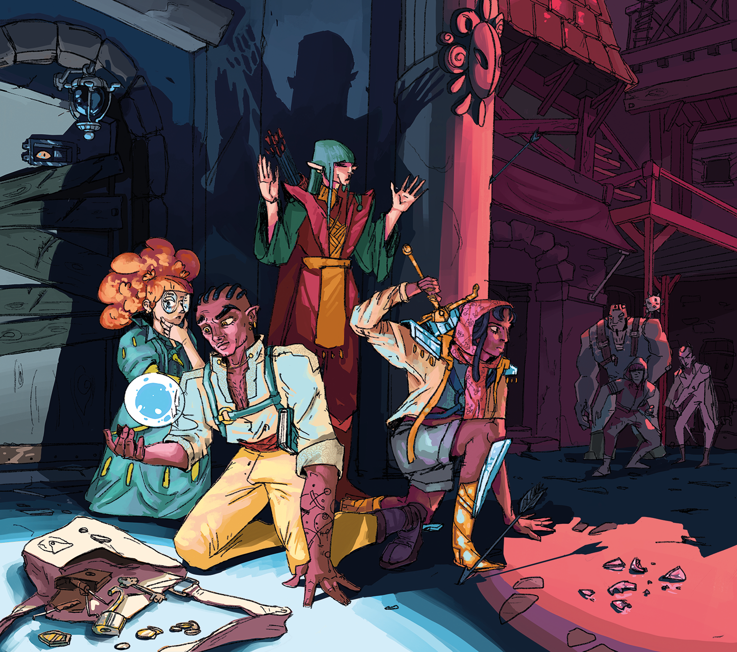 Image. A group of fantasy adventurers investigate a bag in an alleyway, while thugs approach from nearby shadows.