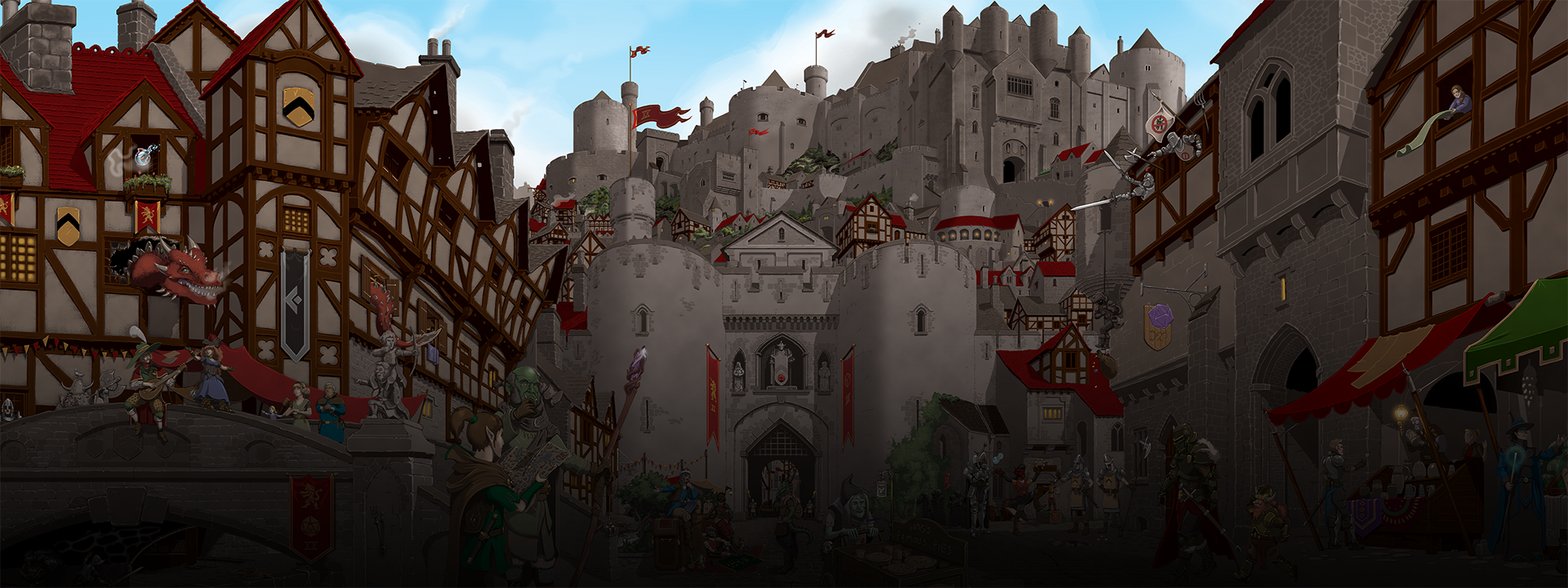 Image. A wide panorama of a bustling medieval city. From left to right, a bridge cross over to a public square and follows through to a market of wooden stalls. Adventurers, dragons, wizards, rogues and more are everywhere. A castle sits in the background.