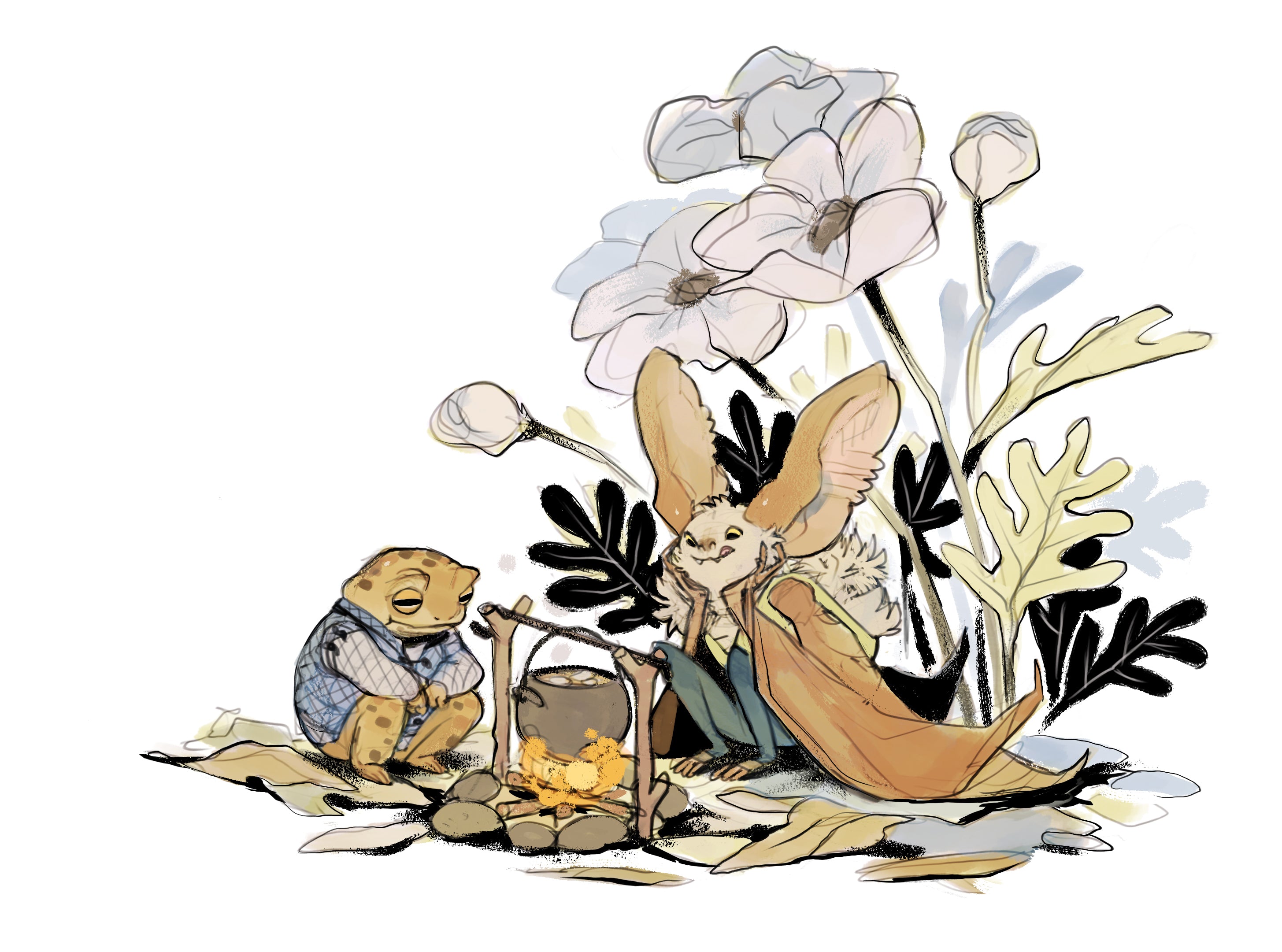 A toad and bat stare cosily into a bubbling pot atop a campfire. The toad wears a warm blue gambeson, and the bat has a tight green flight suit over their chest and legs. In the background pale blue flowers and foliage bloom.