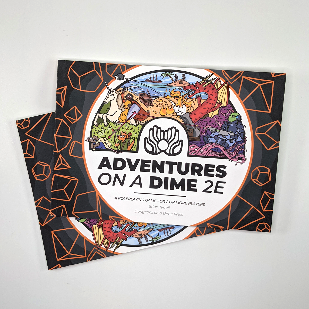 Photo. Front cover of Adventures on a Dime, featuring a chaotic scene of space marines, pirates, dragons, knights and roguish animals.