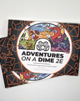 Photo. Front cover of Adventures on a Dime, featuring a chaotic scene of space marines, pirates, dragons, knights and roguish animals.