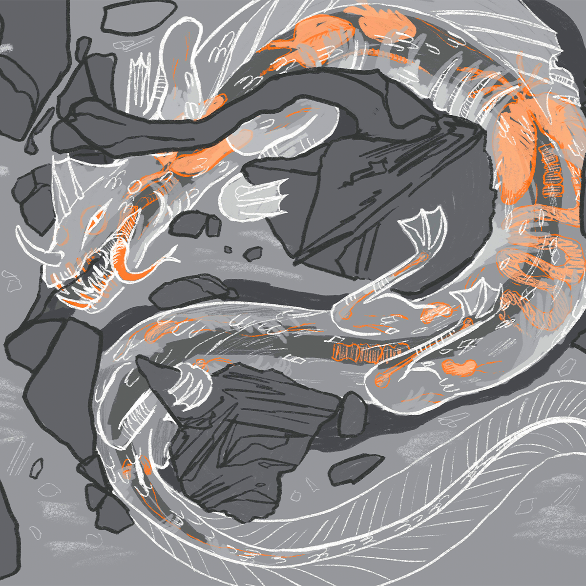 Image. A translucent aquatic dragon stuck inside a tight gorge.