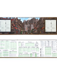 Image shows full front and back of the GM screen. The front displays a busy scene of a city, full of medieval style wooden-beamed houses in front of the stark stone walls of an impressive castle. All sorts of adventurers and citizens are moving through the scene, including merchants, bards, nomads, monks, thieves, knights, and even a dragon. The back of the screen is filled with advice and tables used for running city-based encounters.