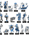 Image is a line up of 15 Scottish highlands themed characters. There is: a Peerless fighter with a floating basket; a blue-skinned ram horned shepherd; a stocky ram; a broad-shouldered and bare-footed halfling; a kilted wrinkly man in a boat; a bald graceful butler; a shield bearing warrior looking backwards over he shoulder; an animated wheelbarrow full of turnips; a tall orc barbarian with two double-headed axes; a lithe foxhunter carrying many pelts; a squat dwarf baker with dark skin, a goatee and her h
