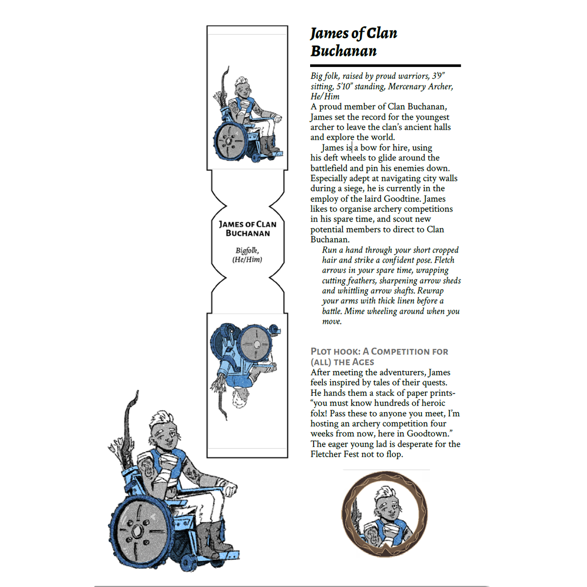 Image shows an example of the print'n'play miniature available from the quest, and a sample of the character description text.