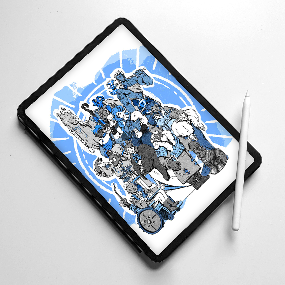 Image shows an iPad Pro tablet with an Apple Pencil balanced on it. There is a group illustration of Scottish themed characters grouped together.