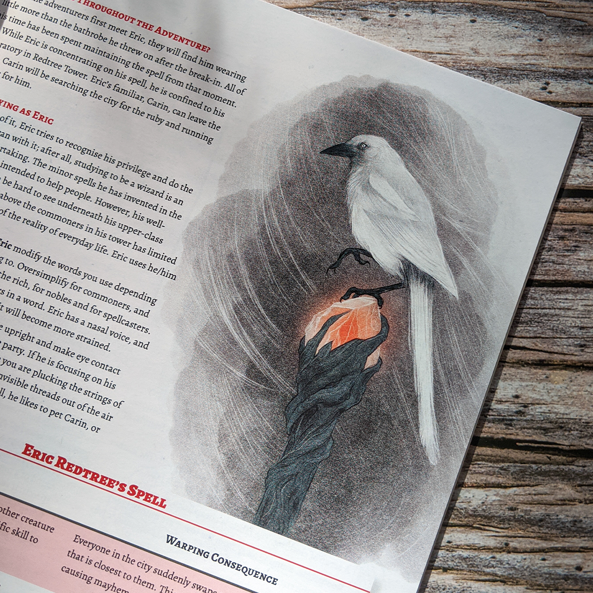 Photo. Interior from In The Red, with an illustration of an albino magpie standing on a glowing crystal.