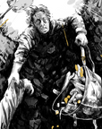Image shows a man leaning over a hole, desperately clinging to a falling figure and a falling bag. The fabric of the figure's coat is ripping, and so is the strap of the bag; which will he save?
