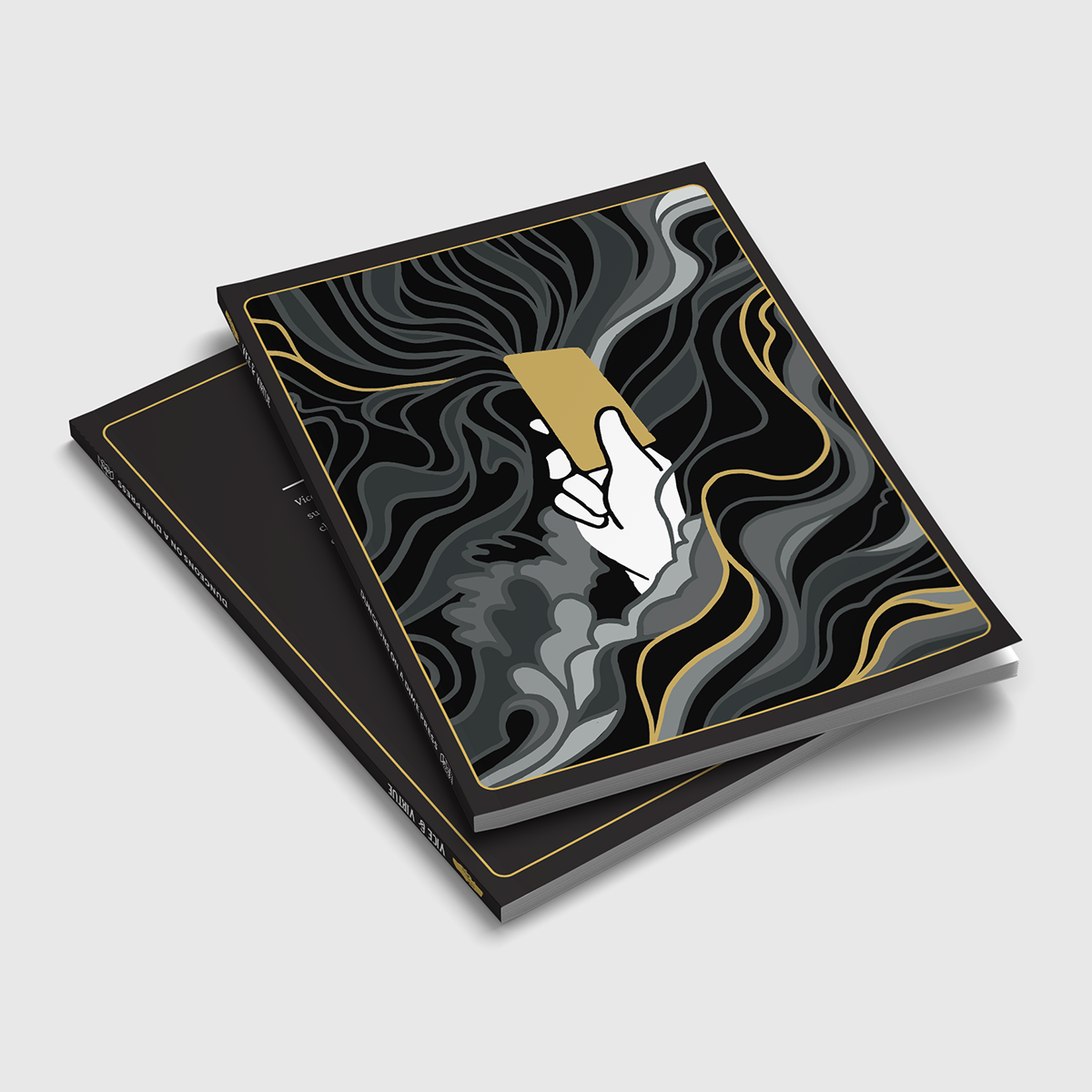 Image shows two copies of Vice & Virtue stacked on top of each other. The cover shoes a white hand raiding a golden card, and the hand it surrounded by curling shadowy mists. Amongst the mists are single strands of gold.