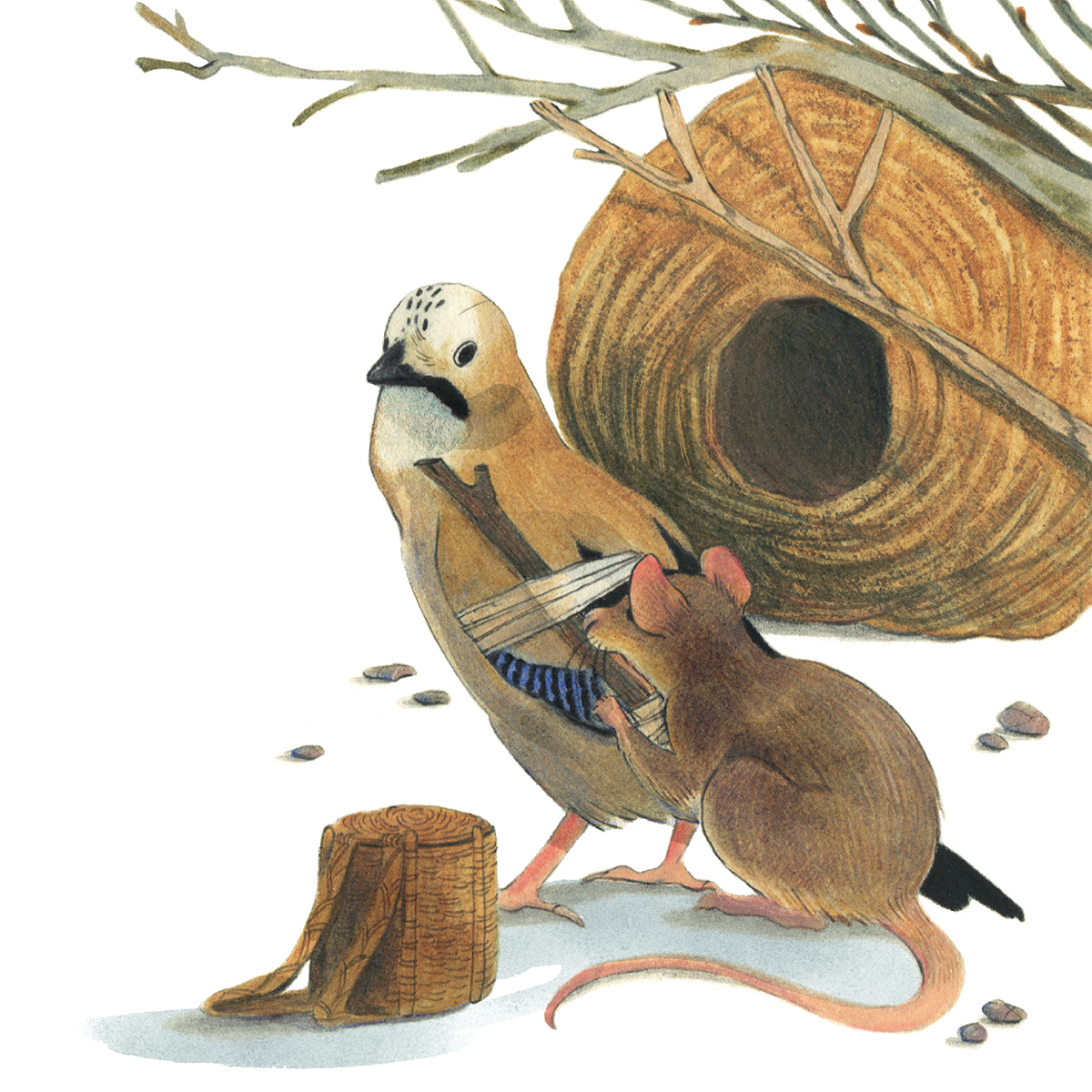 Image. A mouse applying a twig splint to a birds broken wing.