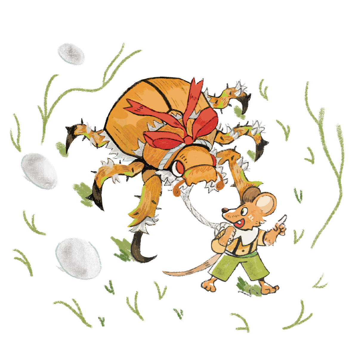 Image. A mouse leading a beetle. The mouse is smaller than the beetle, and the beetle is wearing a red bow.