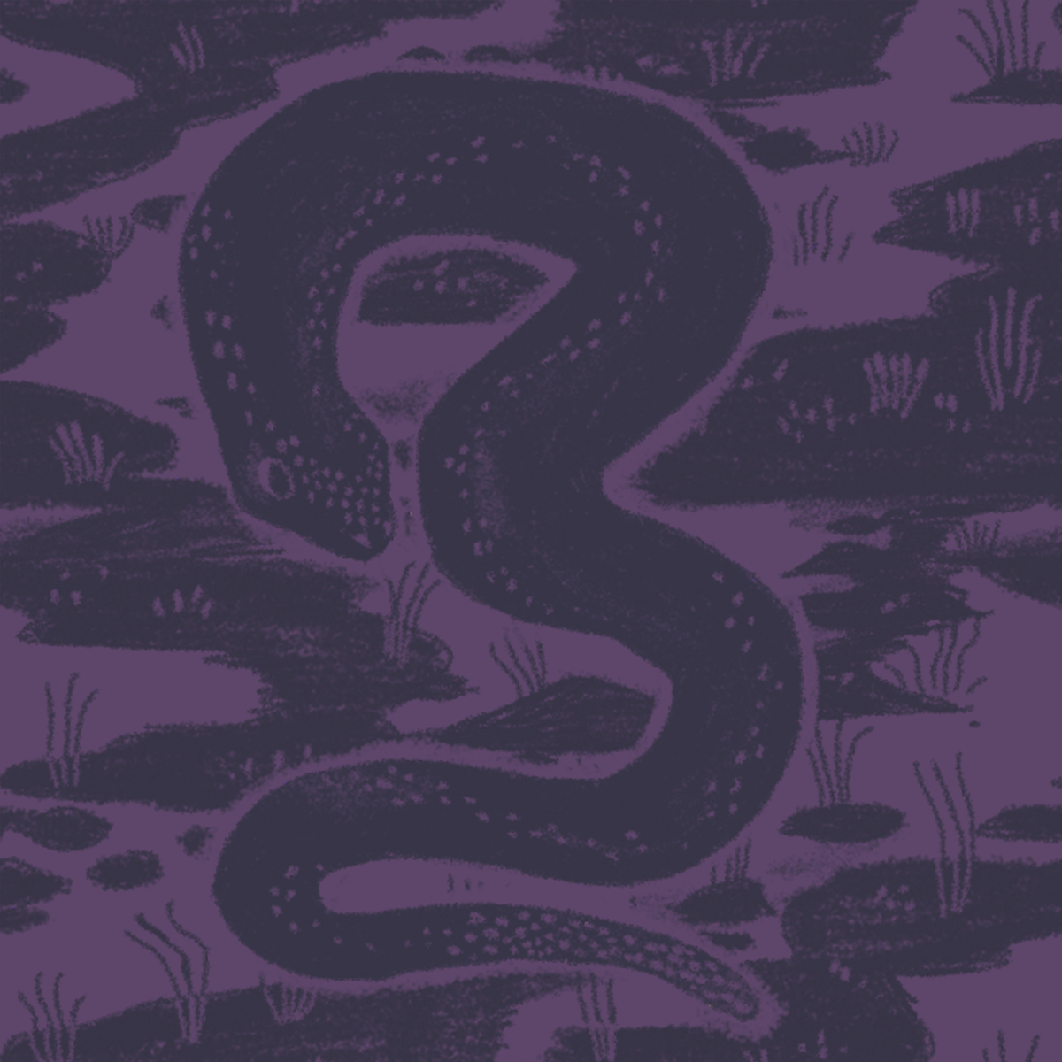 Image. A repeating pattern of a swamp, with a snake as a feature spot illustration on top of it.