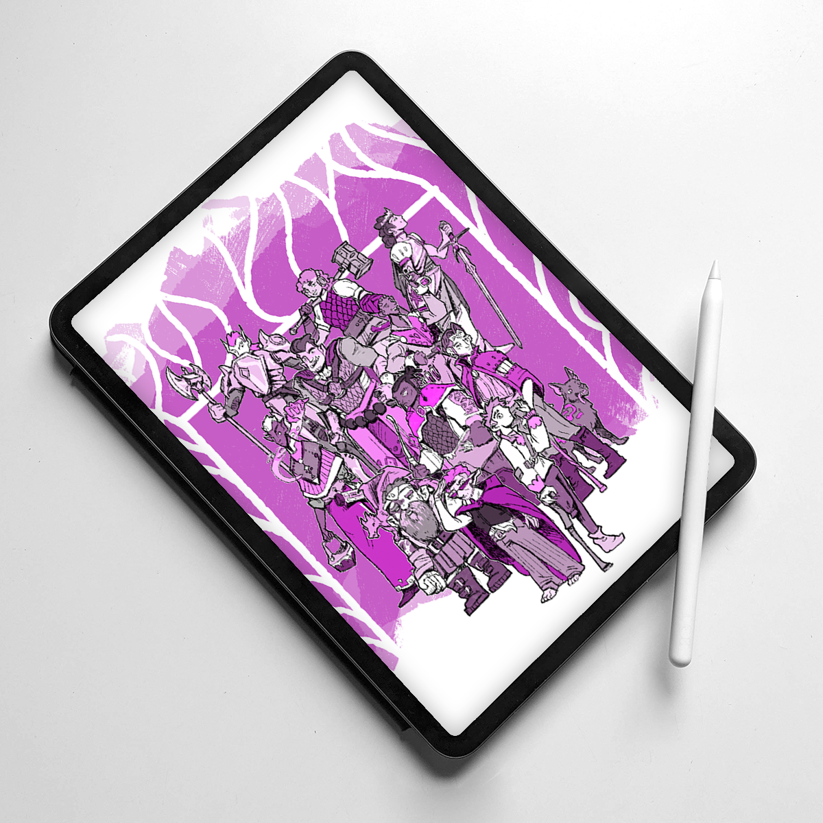 Image shows an iPad Pro tablet with an Apple Pencil balanced on it. There is a group illustration of adventurers grouped together; some of them have visible disabilities, such requiring crutches or sensory muffling earphones, while others have invisible disabilities. 