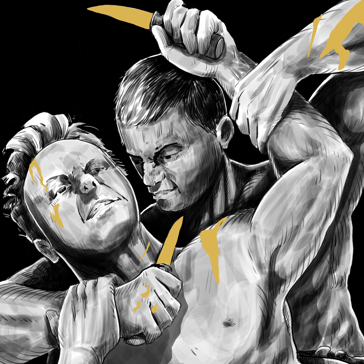 Image shows two figures fighting bare-chested. One has the other in a head lock, with a knife pressed to their throat. Gold gilds their blades, and they both have wounds dripping golden blood.